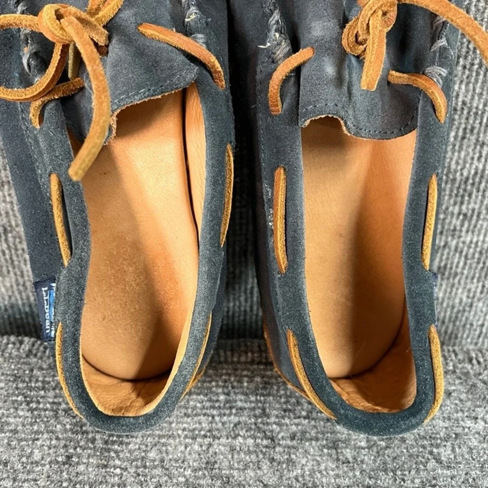 LL Bean Mens 8M Navy Suede Soft Sole Moccasin Slippers Whipstitch Blue Tan